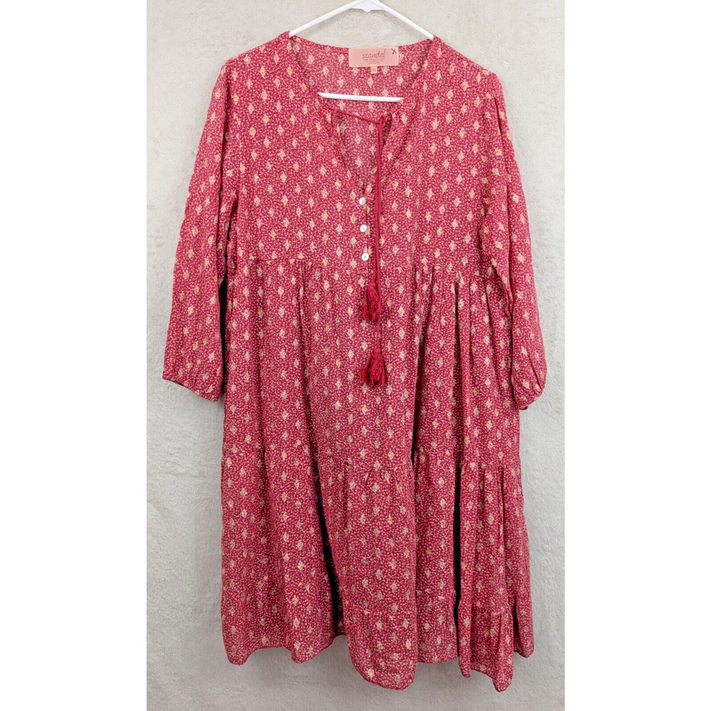Scandal Italy sz M Ordell Dress boho babydoll pinks n gold cotton lined 0822